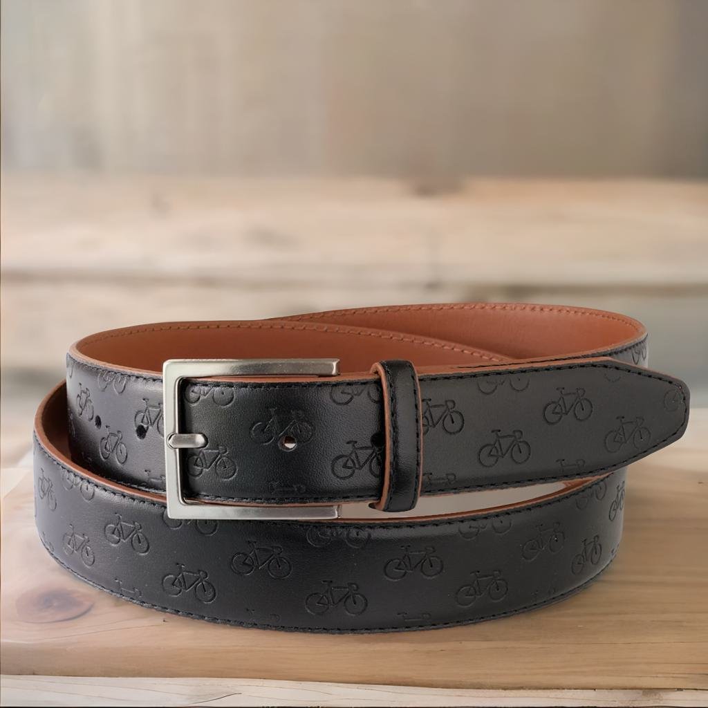 Leather belt with cycle pattern - Black