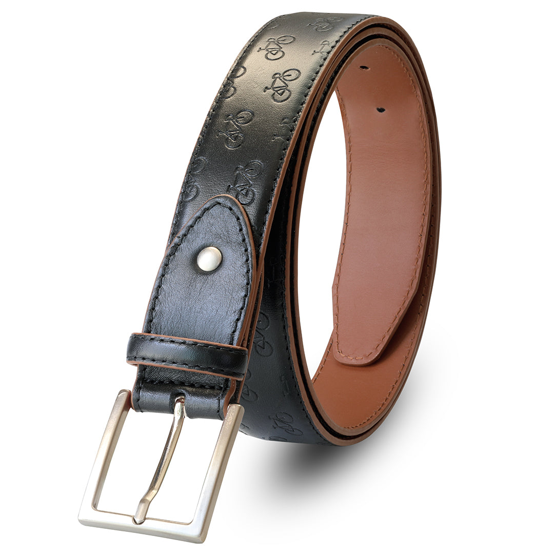 Leather belt with cycle pattern - Black