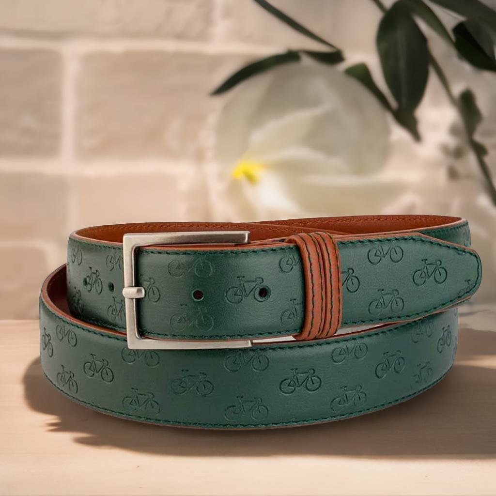 Leather belt with cycle pattern - Forest Green